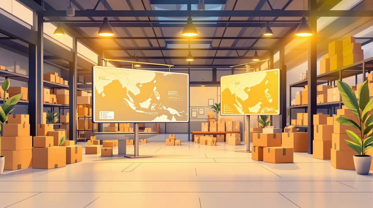 东南亚电商物流场景 - 现代化仓储与数字化屏幕展示东南亚市场